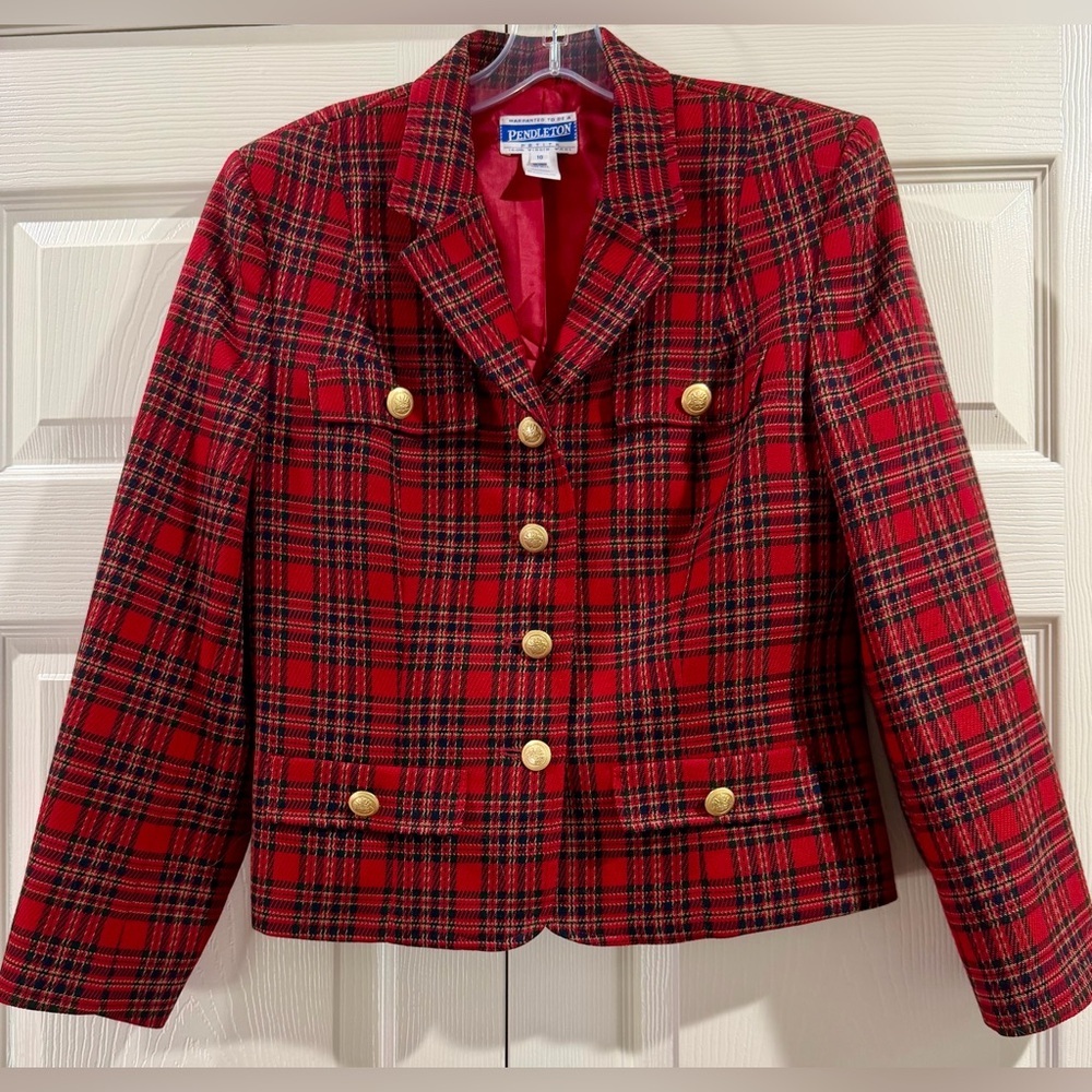 Pendleton Blazer Women Plus Sz 10 Red Tartan Plaid Wool Gold Buttons Coat Jacket